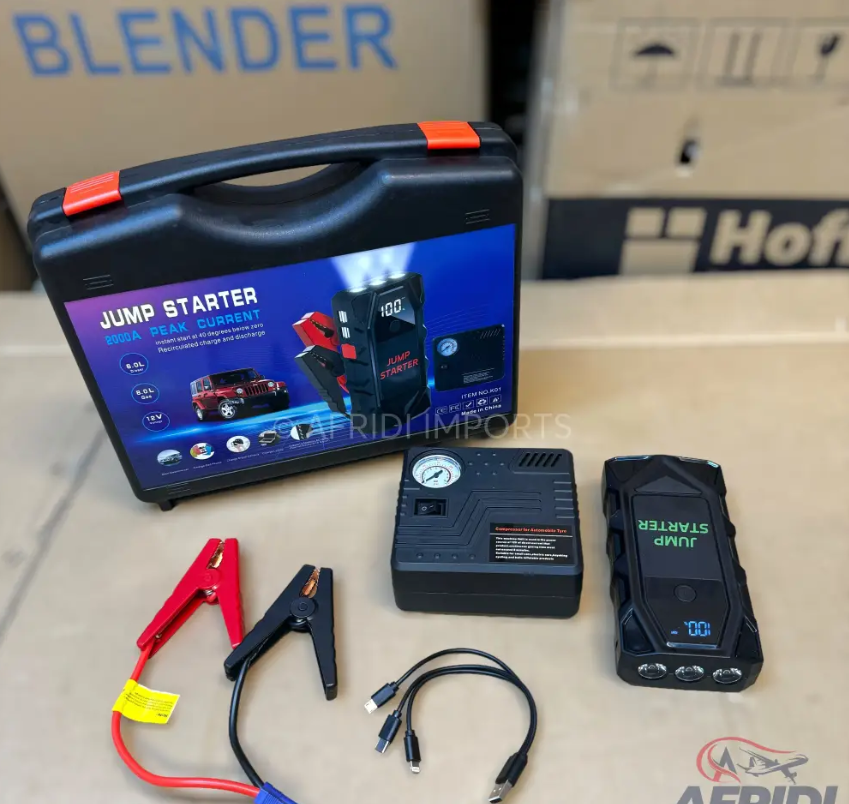 ჯამფ სტარტერი, საბურავების კომპრესორი და დამტენი (power bank)  – 4-in-1 ნაკრები